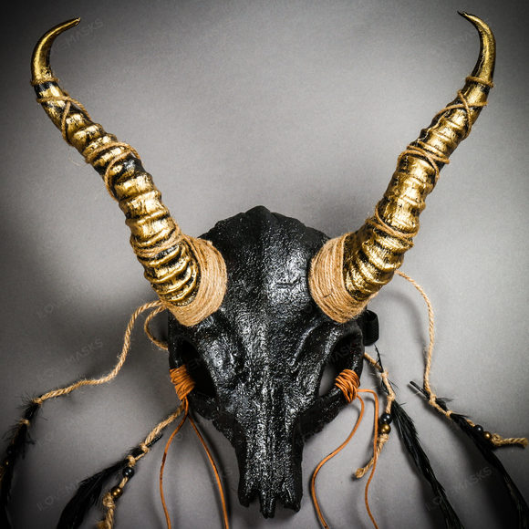 Antelope Devil Animal Skull with Gold Impala Horns Masquerade Mask - Black - Picture 4 of 10
